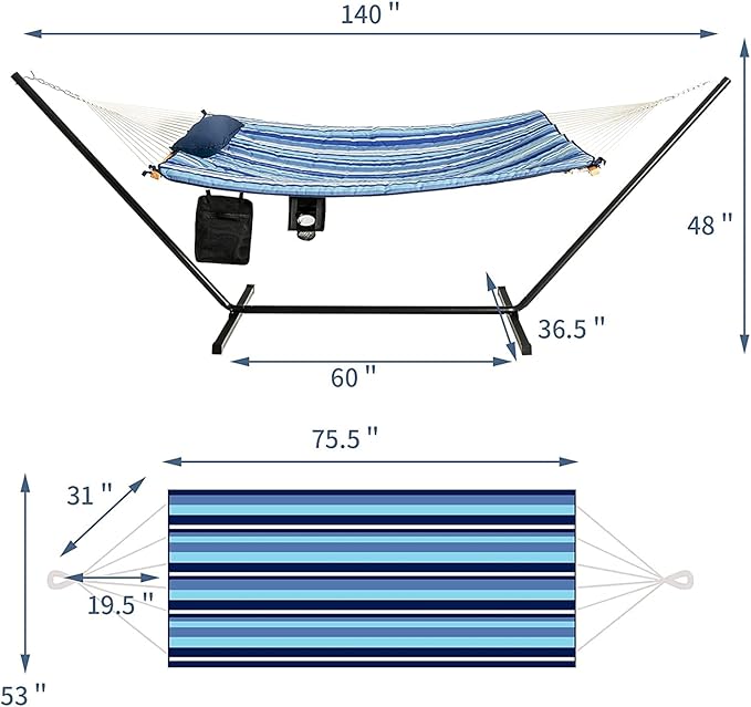 S AFSTAR 2 Person Hammock with Stand Included, Double Portable Hammocks with Cotton Mat, Pillow, Cup Holder, 450 LBS Load Capacity, Free Standing Hammock for Outside Patio Porch Backyard (Blue Stripe)