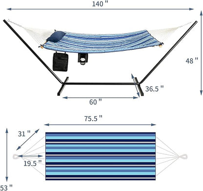 S AFSTAR 2 Person Hammock with Stand Included, Double Portable Hammocks with Cotton Mat, Pillow, Cup Holder, 450 LBS Load Capacity, Free Standing Hammock for Outside Patio Porch Backyard (Blue Stripe)