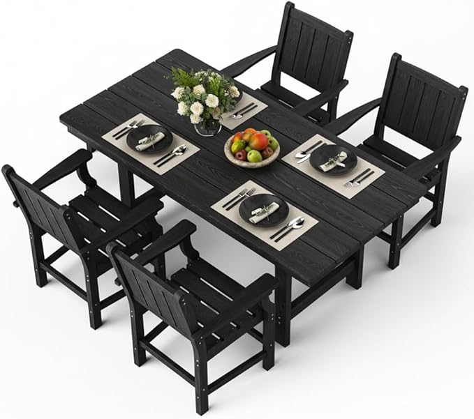 Pamapic 5-Piece Outdoor Dining Set, HDPE Outdoor Rectangular Table and 4 Chairs, Wood Grain Patio Furniture Sets with Armrest, All-Weather Patio Dining Table with Umbrella Hole, Black