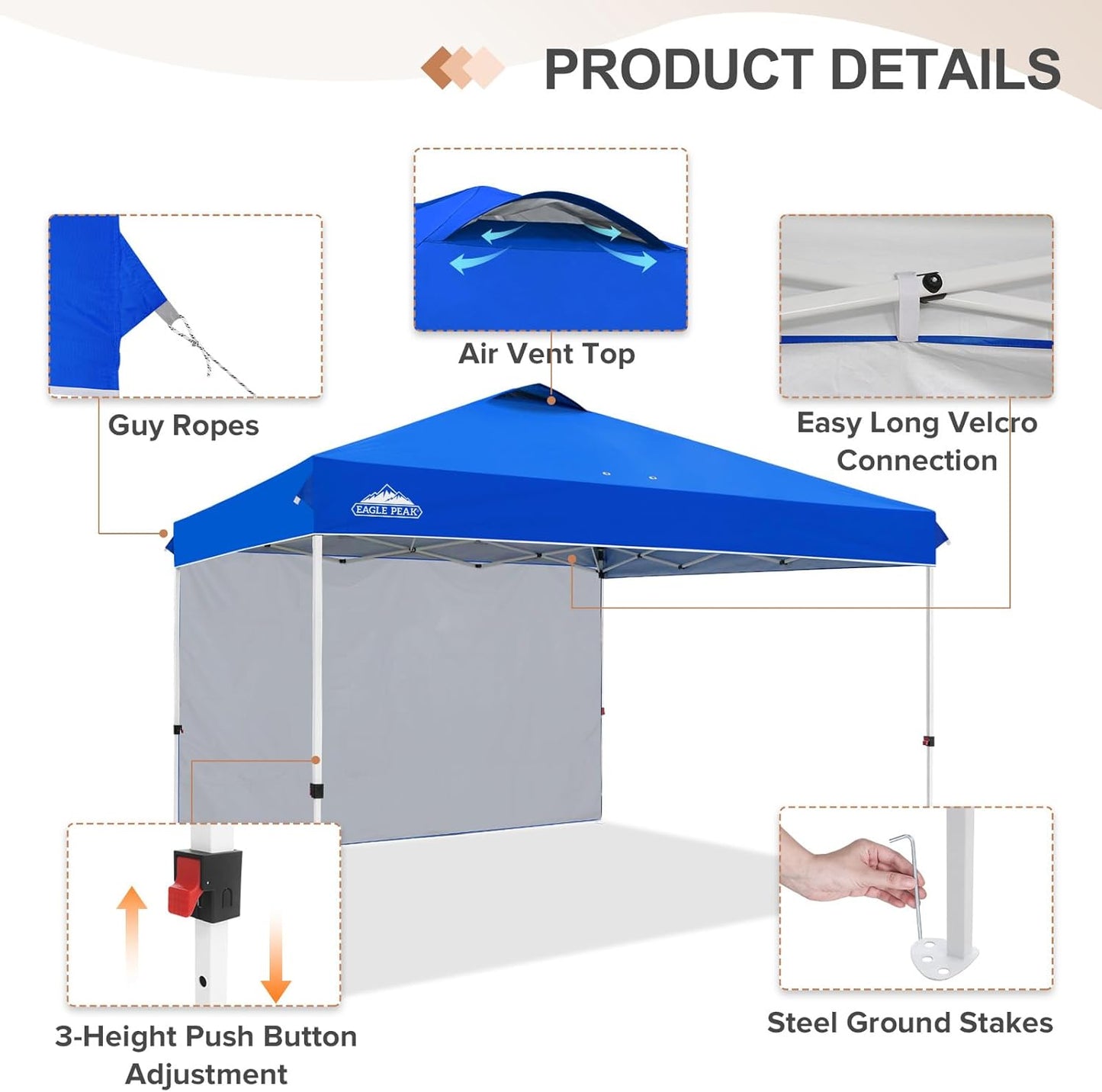 EAGLE PEAK Pop Up Canopy Tent with 1 Sidewall, Easy Setup Event Tent, Outdoor Sun Shade, Wheeled Carry Bag, Stakes and Guy Ropes, Instant Canopy 12x12, Blue