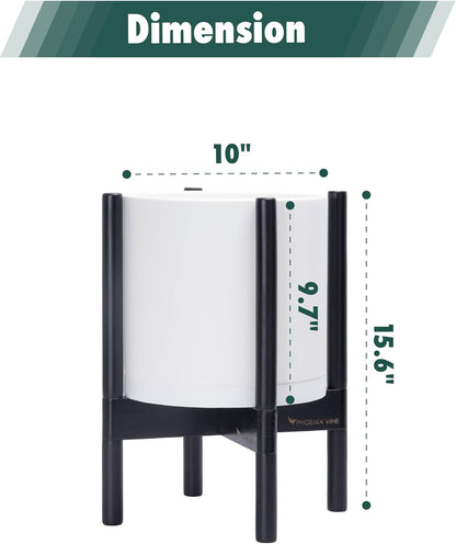 D'vine Dev Planter Pot with Stand - 10 Inch Plastic Cylinder Flower Pot with Wood Planter Holder for Indoor, Matte White Pot + Ebony Stand, 55-C-N-1