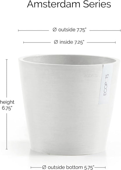 Ecopots Amsterdam Durable Modern Round Indoor/Outdoor Recycled-Based Composite Flower Pot Planter, Pure White, 8"