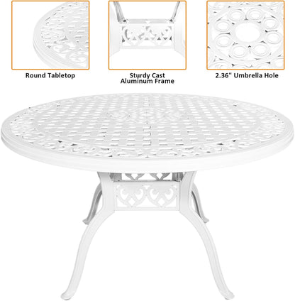 48 Inch Outdoor Dining Table Round Patio Bistro Table Powder-Coated Cast Aluminum Frame Patio Dining Table Garden Table with Umbrella Hole (White)
