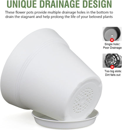 6 inch Plastic Nursery Pots, 16 Pack Plant Pots for Indoor Outdoor Plants, Flower Pots with Drainage Holes and Saucers, Decorative Seedling Starter Planters for House Plants, White