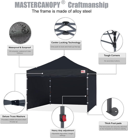 MASTERCANOPY Heavy Duty Pop-up Canopy Tent with Sidewalls (10x10,Black)