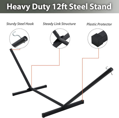 Two Person Hammock with Stand Heavy Duty, Outdoor Patio Hammock with Portable Steel Stand, Large Double Hammocks,480lbs Capacity.(Grey Stripes)