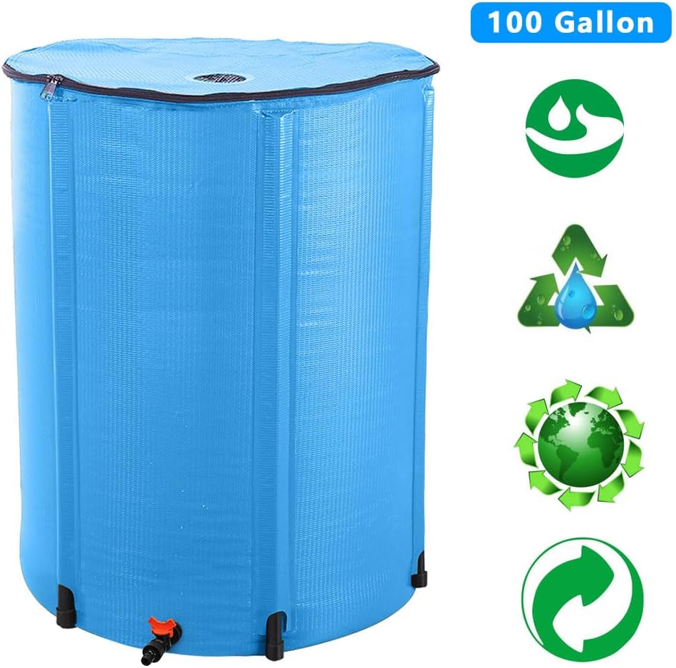 100 Gallon Collapsible Rain Barrel, Water Storage Tank, Portable Rainwater Collection System, Rain Catcher Barrel with Spigots and Overflow Kit, Rain Water Barrel Collector for Garden, Blue