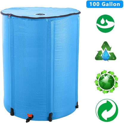 100 Gallon Collapsible Rain Barrel, Portable Rainwater Collection System, Water Storage Tank, Rain Catcher Barrel with Spigots and Overflow Kit, Rain Water Barrel Collector for Garden, Blue