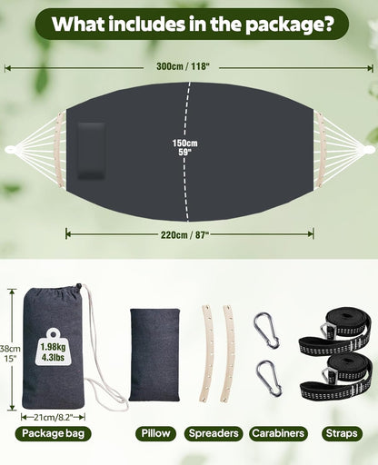 Chihee Cotton Hammock Large Soft Breathable Camping Hammock Holds Up to 660lbs Portable Tree Hammock with Detachable Spreader Bar Pillow 2 Strong Webbings 2 Carabiners Patio Garden Indoor Outdoor