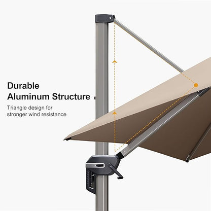 PURPLE LEAF 9' X 11.5' Patio Umbrella, Rectangle Outdoor Cantilever Umbrella, Aluminum Offset Umbrella with Champagne Frame and 360° Rotation for Pool Deck Garden, Taupe