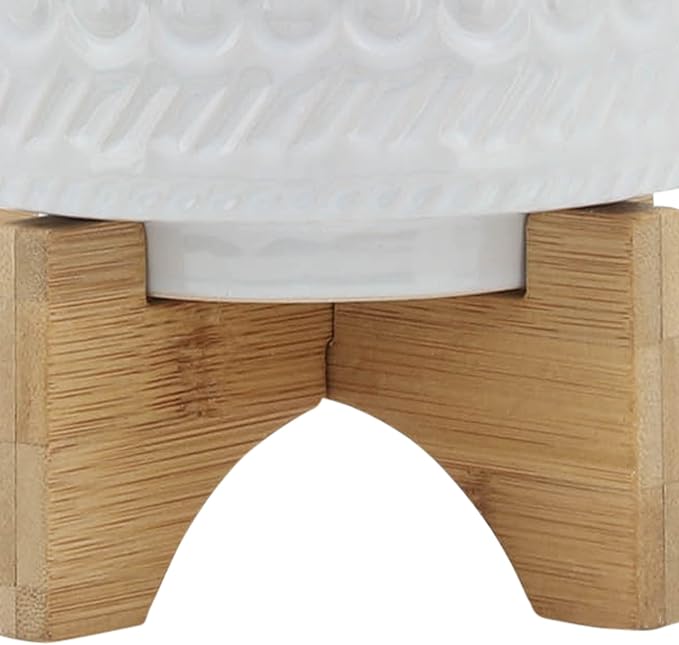 Sagebrook Home Modern Ceramic Planter with Stand - White Stoneware Pot with Bamboo Base - Indoor & Outdoor Decorative Plant Holder - 8" White