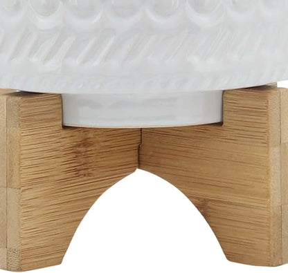 Sagebrook Home Modern Ceramic Planter with Stand - White Stoneware Pot with Bamboo Base - Indoor & Outdoor Decorative Plant Holder - 8" White