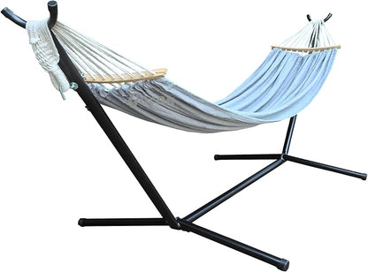 Double Hammock 2 Person Large 220x150cm with Steel Stand and Removable Spreader bar Load 500lb, Canvas Cotton Hammocks for Patio Porch Garden Backyard Outdoor and Indoor