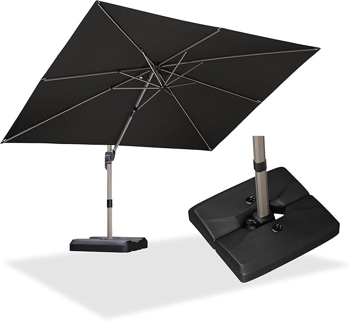 PURPLE LEAF 9' x 11' Patio Umbrella with Base Cantilever Umbrella Rectangular Outdoor Offset Umbrella with Champagne Frame and 360° Rotation for Garden Deck Pool, Grey