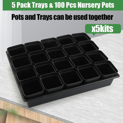 3.15 inch (8CM) Square Nursery Pots 100 pcs, Sturdy Seedlings Trays 5 Pcs, Seeds Starter Germination Tray, Microgreening Planter Nursery Propagation 5 Sets