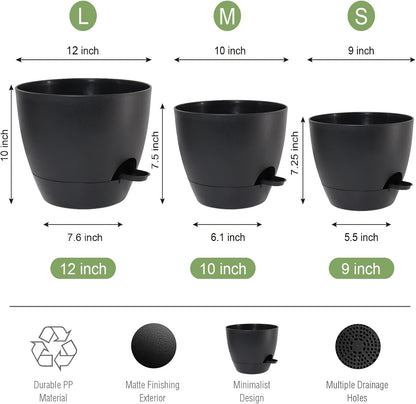 Large Self Watering Pots, 12/10/9 Plastic Planters with High Drainage Holes and Deep Reservoir for Indoor Outdoor Garden Plants and Flowers, Black