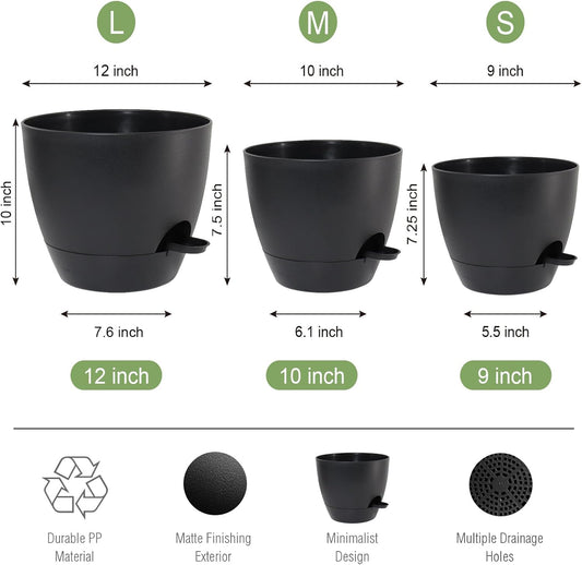 Large Self Watering Pots, 12/10/9 Plastic Planters with High Drainage Holes and Deep Reservoir for Indoor Outdoor Garden Plants and Flowers, Black