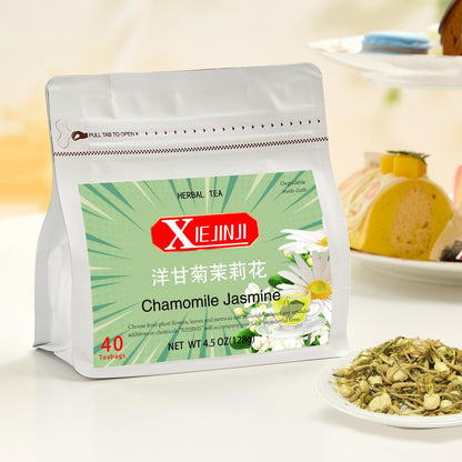 XIEJINJI Chamomile Jasmine Herbal Tea, 40 Tea Bags, Premium Soothing Floral Blend in Eco-Conscious Teabags - Non-GMO - Caffeine-free