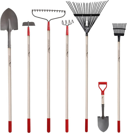 GardenAll 7-Piece Shovels Rakes Hoe Set Garden Tools Gifts for Women Long Wood Handle Pointy Shovels for Digging Short Handle Shovel Meteal Rakes Cultivator Set