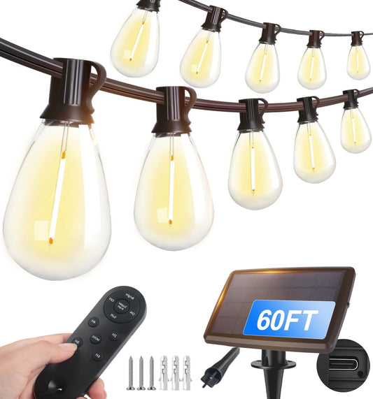 Tenmiro 60FT Solar String Lights Outdoor with Remote and 16+2 LED Shatterproof Bulbs Dimmable & Timing 3 Light Modes Solar Patio String Lights for Cafe, Garden, Deck, Outside Wedding Last for 10+Hrs