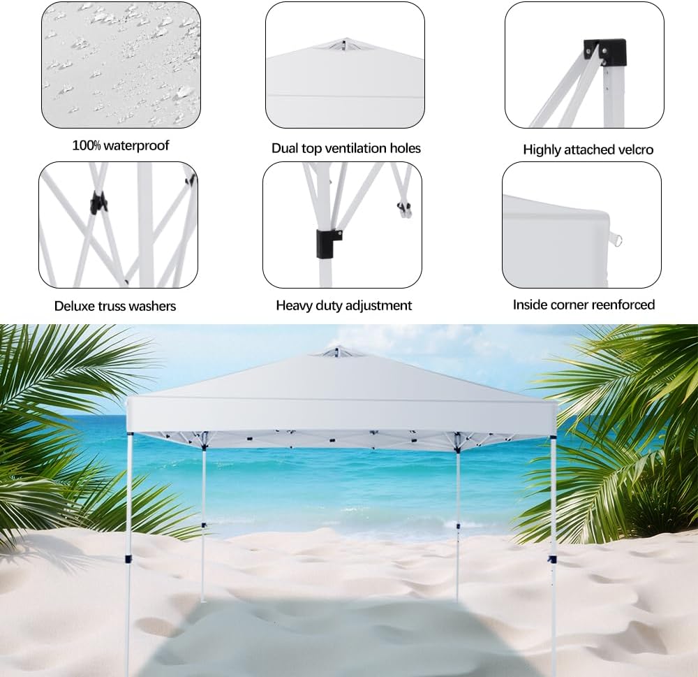 10x10 Pop Up Canopy Tent – One-Person Setup, Waterproof & UV-Blocking, Heavy-Duty Steel Frame, Wheeled Bag & Sandbags – Outdoor Shade for Beach, Camping, Backyard, Tailgate, Events (White)