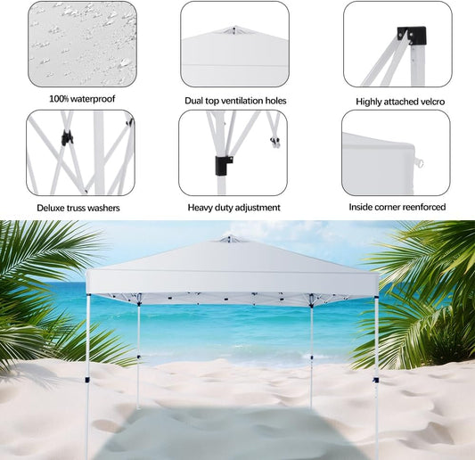 10x10 Pop Up Canopy Tent – One-Person Setup, Waterproof & UV-Blocking, Heavy-Duty Steel Frame, Wheeled Bag & Sandbags – Outdoor Shade for Beach, Camping, Backyard, Tailgate, Events (White)