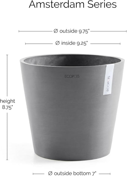 Ecopots Amsterdam Durable Modern Round Indoor/Outdoor Recycled-Based Composite Flower Pot Planter, Grey, 10"