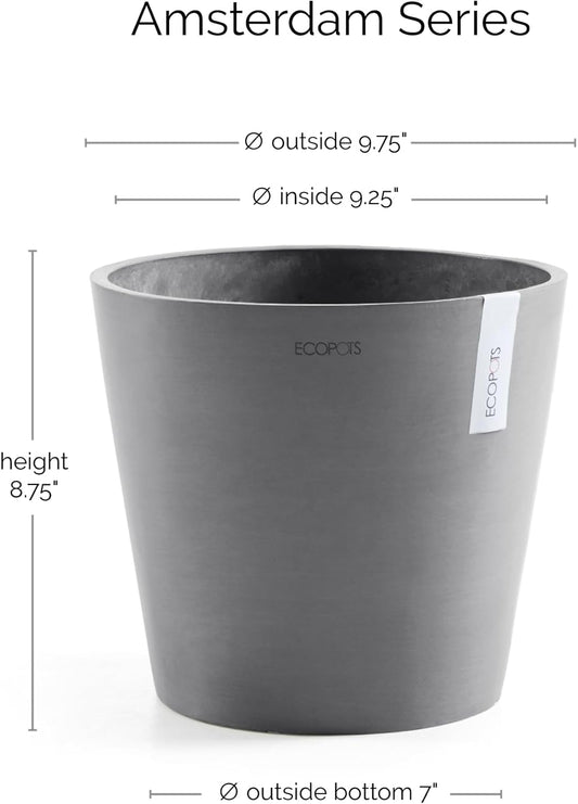 Ecopots Amsterdam Durable Modern Round Indoor/Outdoor Recycled-Based Composite Flower Pot Planter, Grey, 10"