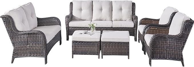 Rilyson Wicker Patio Furniture Set - 6 Piece Rattan Outdoor Sectional Conversation Sets with 1 Sofa,1 Loveseat,2 Armrest Chairs and 2 Ottomans for Porch Deck Garden(Brown/Beige)