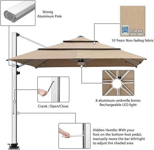 EliteShade USA APOLLO 3-Tier 10x10FT Full Aluminum Cantilever Patio Umbrella for Outdoor restaurant Garden Courtyard Deck Pool and Marketing with Light(No battery),Heather Beige