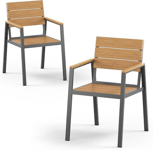 HDPS Outdoor Patio Dining Chairs Set of 2, 350LBS Capacity Aluminum Patio Dining Chairs with Armrests, Weather-Resistant for Lawn, Garden, Yard, Poolside and Indoor Use, Gray & Teak