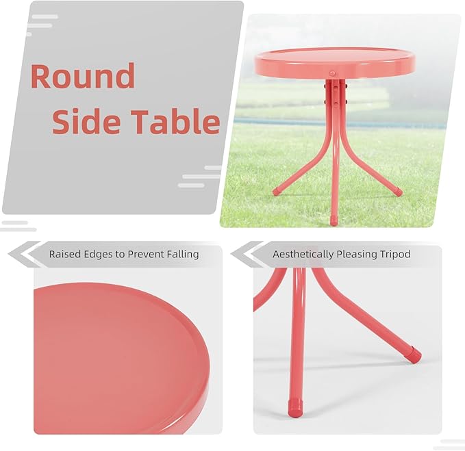 Patio Bistro Set Retro Metal Outdoor Seating Conversation 3 Pieces, 2 C-Spring Motion Armchairs and Round Side Table, for Porch, Lawn, Garden, Pink