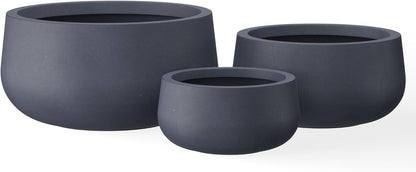 Kante 19.6",15.7",11.8" Dia Round Concrete Planters Set of 3, Outdoor Indoor Garden Plant Pots with Drainage Hole and Rubber Plug, Modern Curvaceous Design, Charcoal