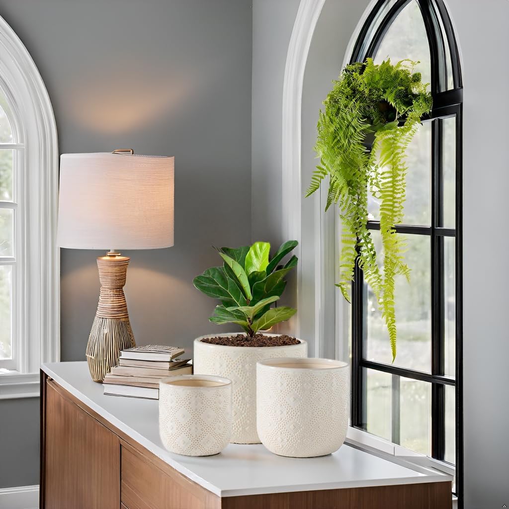 Docrin Ceramic Plant Pots Indoor：6.5+5.3+4 Inch Planters with Drainage Holes for Home /Office - Set of 3 / White