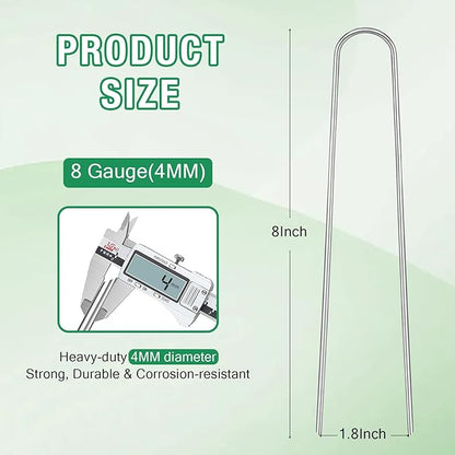 8 Gauge Landscape Staples, FUIJOL 8 Inch Heavy Duty U-Shaped Landscape Stakes, 15 Pack Galvanized Garden Staples for Weed Barrier Stakes, Ground Cover, Irrigation Tubing, Fence (15)