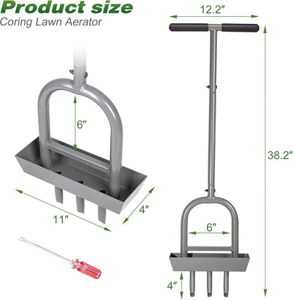 Walensee Lawn Aerator Coring Tool with Soil Core Storage Tray, 38.2" Manual Yard Plug Aerator with 3 Tines, Grass Aeration Gardening Tool with Cleaning Tool for Lawn Care and Compacted Soil