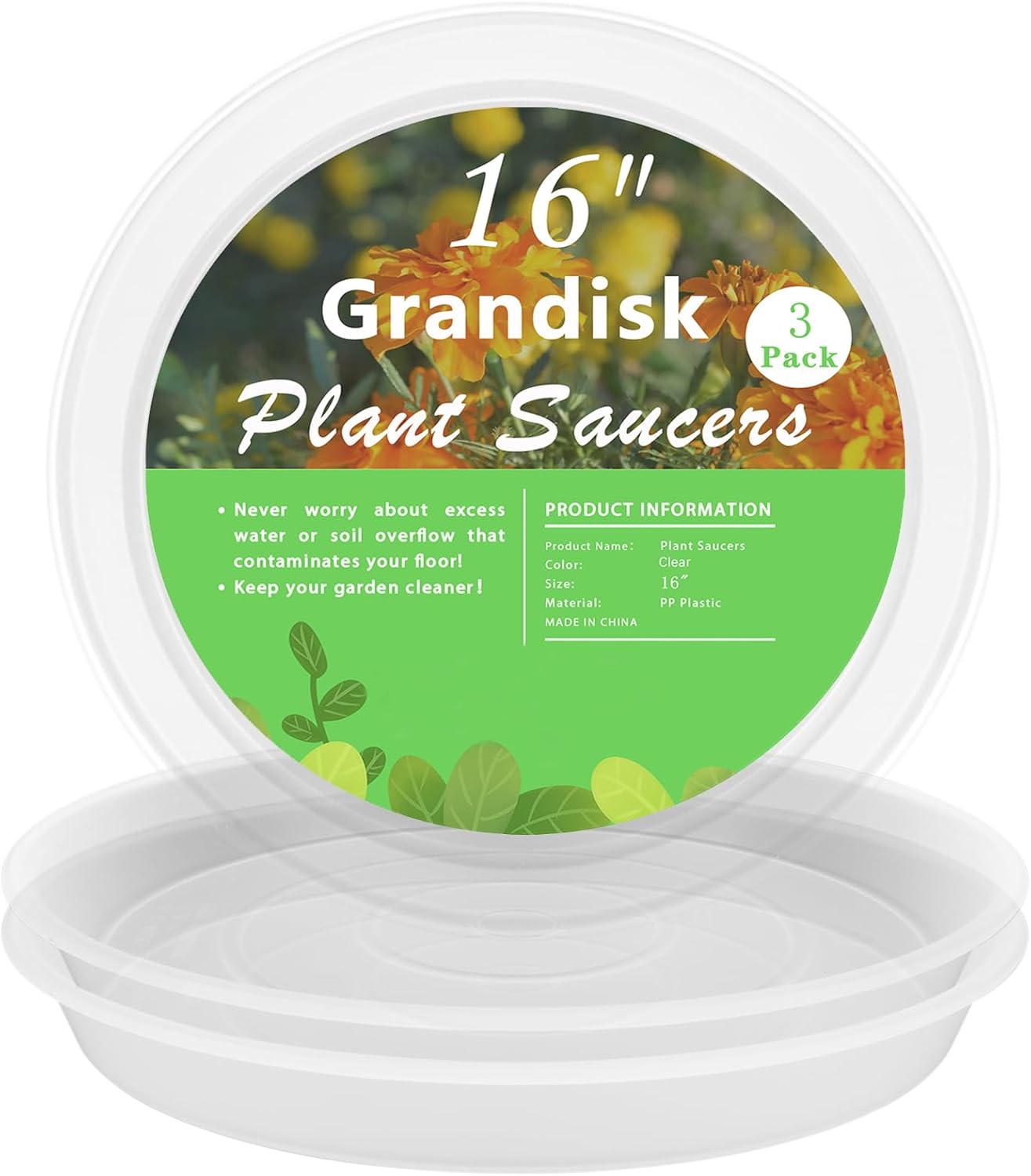 TITE 3 Pack Plant Saucer Heavy Large Planter Durable Thicker Plastic Plant Trays for Indoors and Outdoor,Plant Saucer Drip Trays (Transparent, 16 inch)