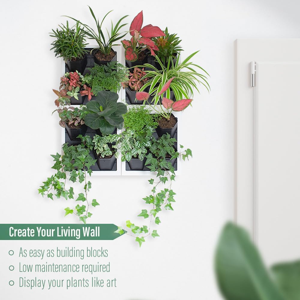Self Watering Wall Planter with 4 Pots - Easy to Create Indoor Living Wall for Home, Office and Shop Front - Includes Water Gauge (White)