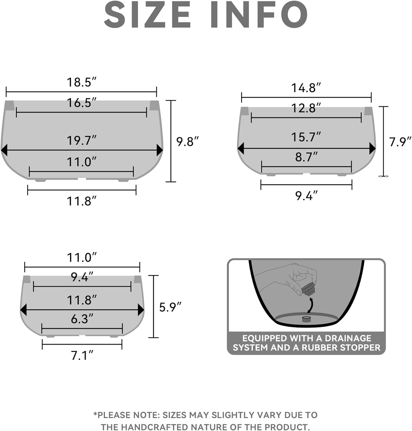 Kante 19.6",15.7",11.8" Dia Round Concrete Planters Set of 3, Outdoor Indoor Garden Plant Pots with Drainage Hole and Rubber Plug, Modern Curvaceous Design, Black