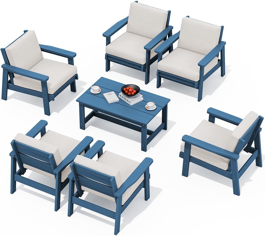 SERWALL HDPE Outdoor Furniture Set, 7 Piece All Weather Wood-Like Outdoor Sofa Sectional Couch, Blue Patio Furniture Set with Khaki Cushions