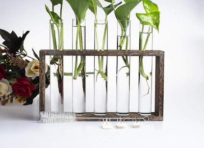 5 Tube Wooden Plant Propagation Station, Tabletop Glass Terrarium Holder for Cuttings Hydroponics, Home Office Desk Decor Gift for Women Mom Plant Lovers, Brown