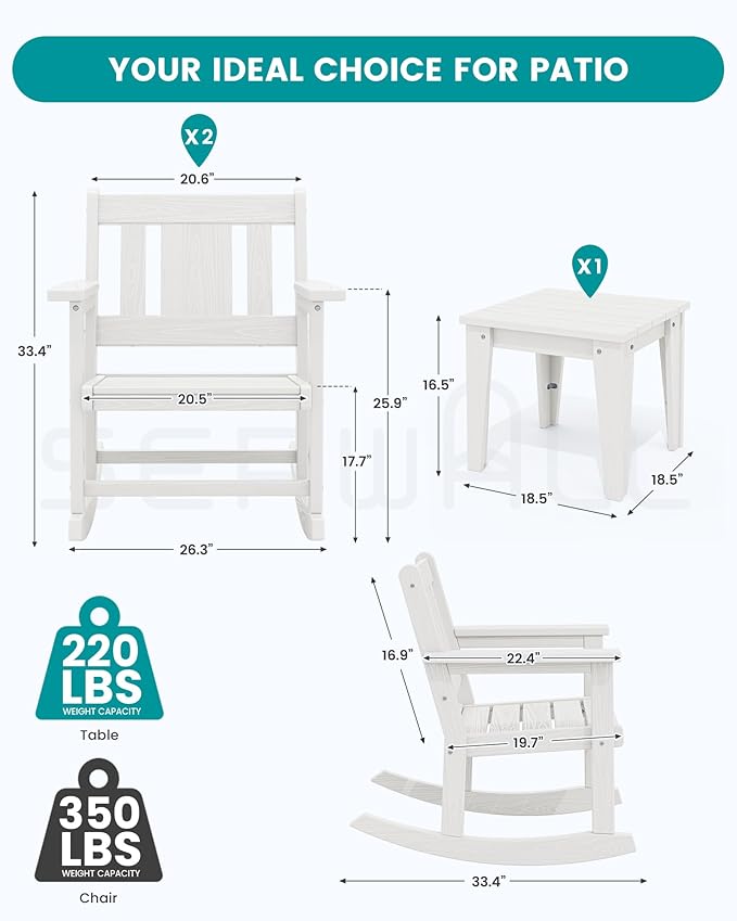 SERWALL Outdoor Rocking Bistro Set, HDPE Patio Furniture Set, Porch Rocking Chair Set with Table for Backyard, Balcony, and Garden- White