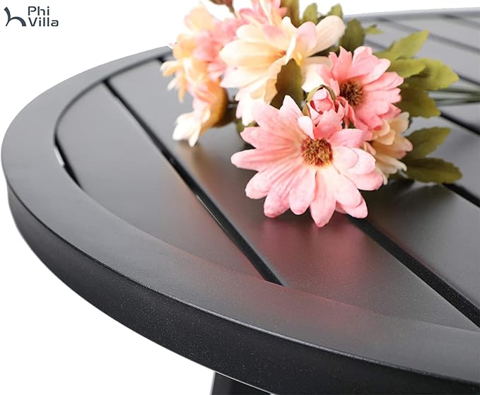 PHI VILLA 3 Piece Outdoor Patio Bistro Dining Set, Slatted Metal Round Table & 2 Patio Chairs, Outdoor Furniture Set for Porch, Deck