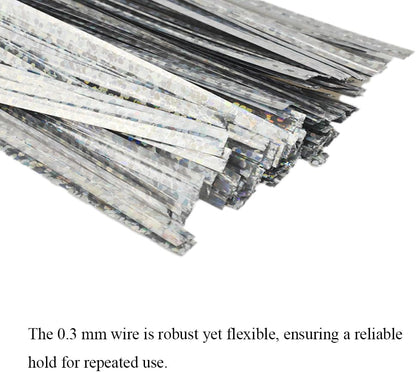 HAHIYO 300Pcs 4inches Holographic Silver Metal Twist Ties Bread Candy Coffee Bag Ties Plant Garden Twist Ties for Cellophane Treat Bags Gift Wraping Bags Plastic Bags Party Cake Present Art Crafts