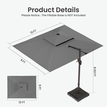 9x12 FT Cantilever Patio Umbrella Double Top Outdoor Rectangular Large Heavy Duty Aluminum Offset Umbrellas with 7 Level Tilt 360-degree Rotation for Pool Garden Deck, Grey