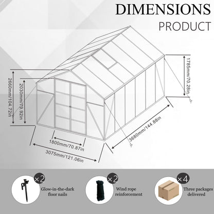 10 * 12 * 8.7FT Greenhouse for Outdoors,Polycarbonate Greenhouse with Stronger Wind Protection and Roof Vent,Walk-in Large Aluminum Sunroom Winter Proof,Black