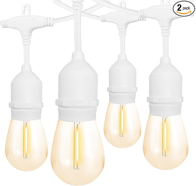 Banord White Outdoor String Lights, Commercial Grade Patio Lights with 30 1W S14 Dimmable Shatterproof LED Bulbs, Heavy Duty Hanging Lights for Outdoor, Waterproof String Lights 96ft (2x48ft)