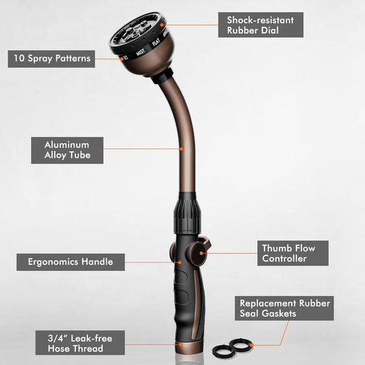 RESTMO Watering Wand, Heavy Duty Metal Garden Hose Wand with Thumb Flow Control, 15-Inch Long Hose Nozzle Sprayer with 10 Spray Patterns, Ideal to Water Hanging Baskets and Shrubs, Oil Rubbed Bronze