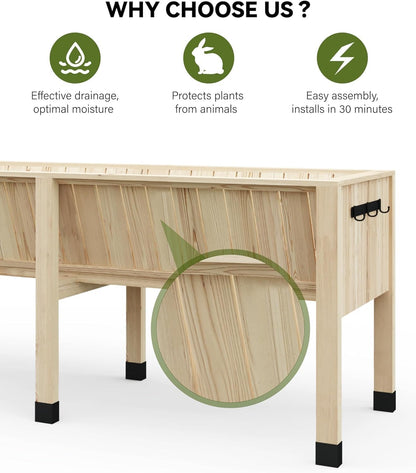 72x26x31 Inch Raised Garden Bed with Legs, 13.7In Depth Wooden Planter Box for Outdoor Growing Vegetables and Herbs, Elevated Garden Bed with Hooks for Backyard, Patio, Balcony