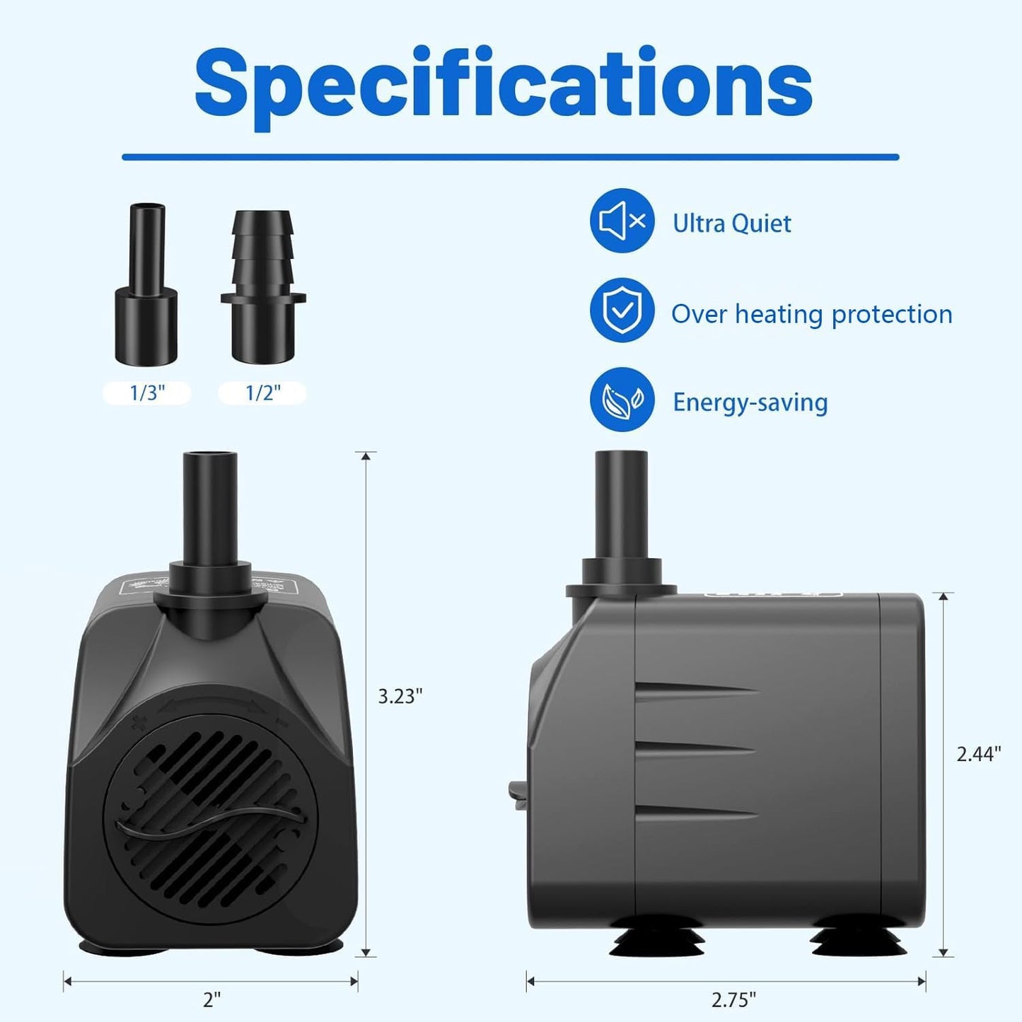 200GPH Submersible Water Pump(750L/H,16W),Ultra Quiet Fountain Pump with 5.2ft. High Lift,Pond Pump for Fish Tank, Pond, Aquarium, Statuary, Hydroponics.